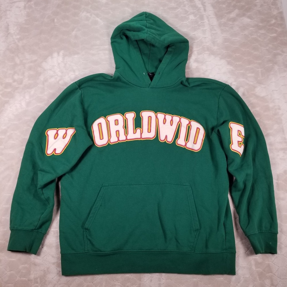 Forever 21‎ "Worldwide" Puff Print Hoodie Men's Sz XL Green Used Good Shape